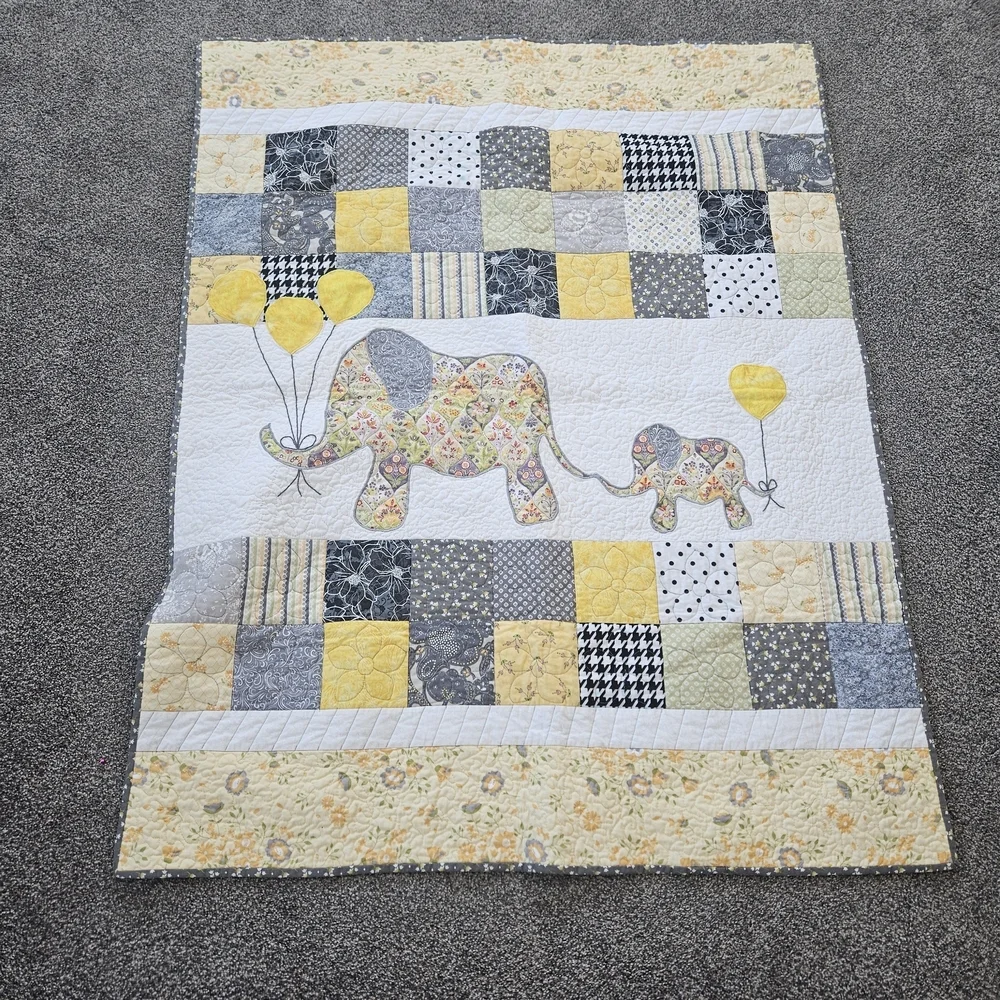 Patchwork Elephant Baby Quilt - Yellow and Gray